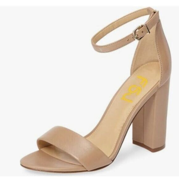 FSJ Nude Classic Chunky High Heel Sandals Open Toe Ankle Strap Single Band Dress - Picture 1 of 8